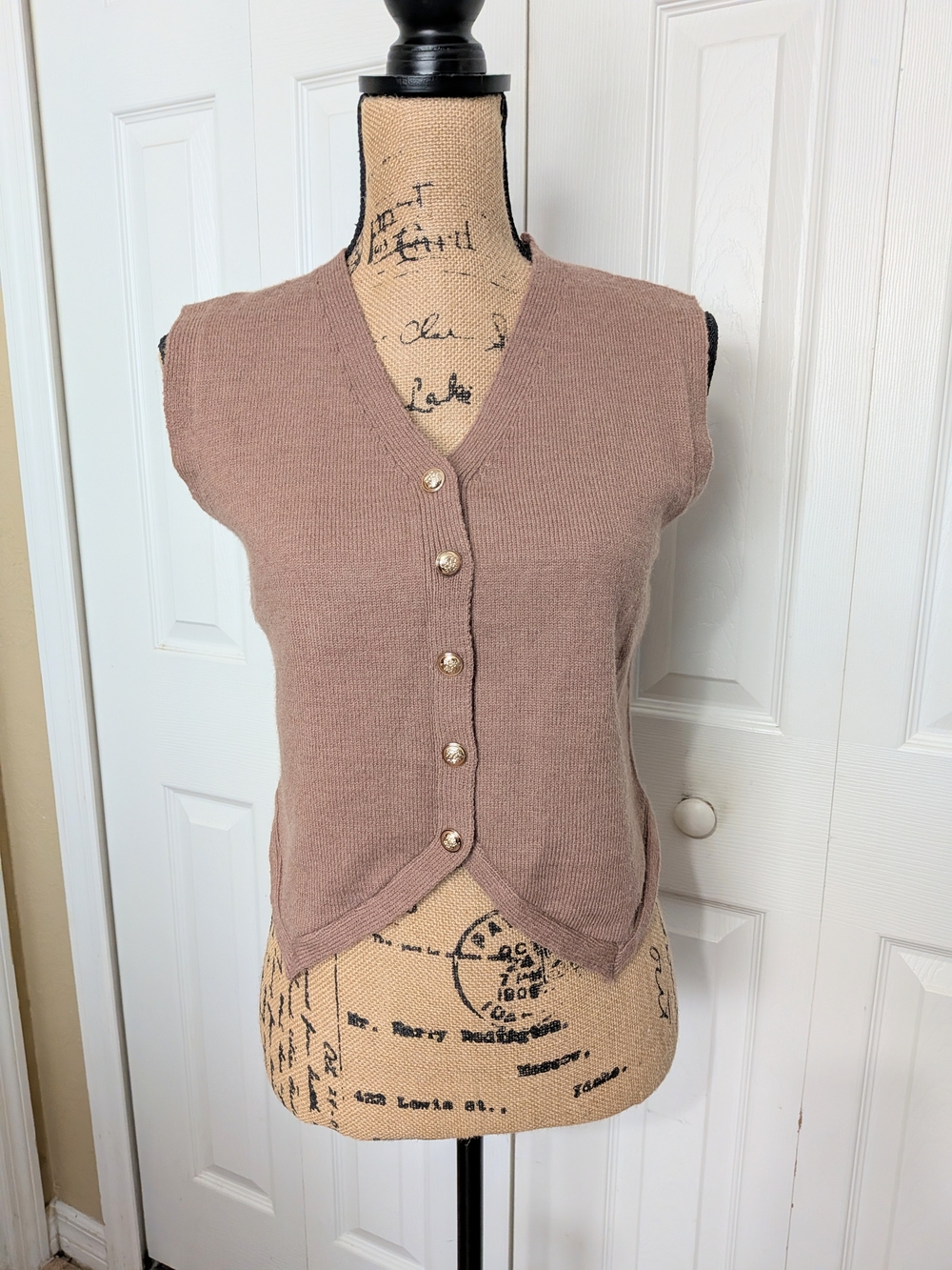 New Sleeveless V-Neck Tan Button Front Knit Vest